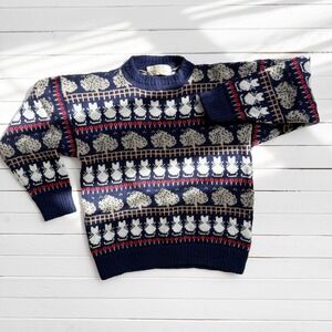 Rainbow's End vtg‎ Scottish wool cat apple tree hand knit sweater size M